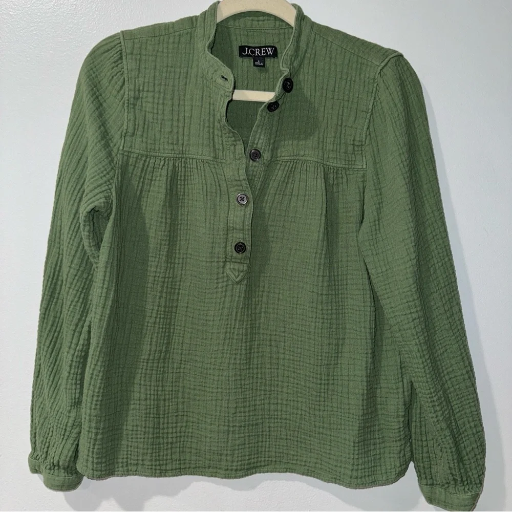J.Crew Women's S Soft Gauze LS Fresco Top Popover Utility Green Retail $89 Boho - Picture 2 of 5